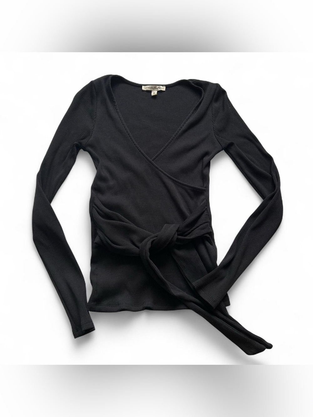 Express Black Ribbed Wrap Long-Sleeve Top